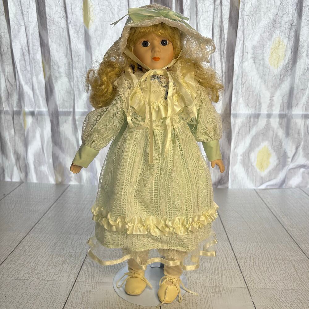 Vintage Anco Porcelain Doll Blonde Green Dress Hat